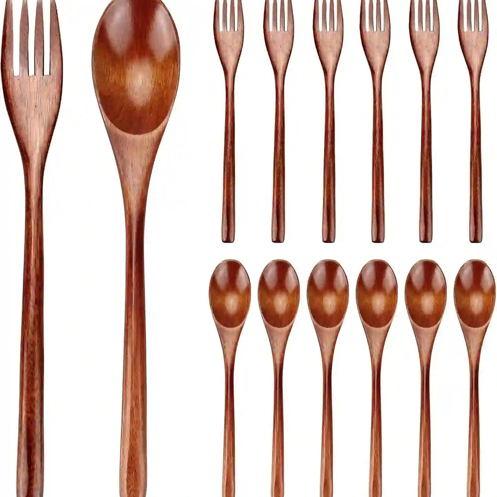 Wooden Spoon and Fork for Eating Utensil Set Lunch Wood Cutlery Japanese Silverware Sets Wooden Flatware Reusable Bamboo Eat Utensils Korean Small Wood Forks Spoons - Treasure Toks