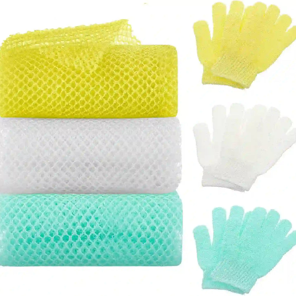 6 Pack African Net Sponge Exfoliating Glove Set, 3 Bath Sponge Body Scrubber Back Scrubber and 3 Pairs Exfoliating Gloves for Shower - Treasure Toks