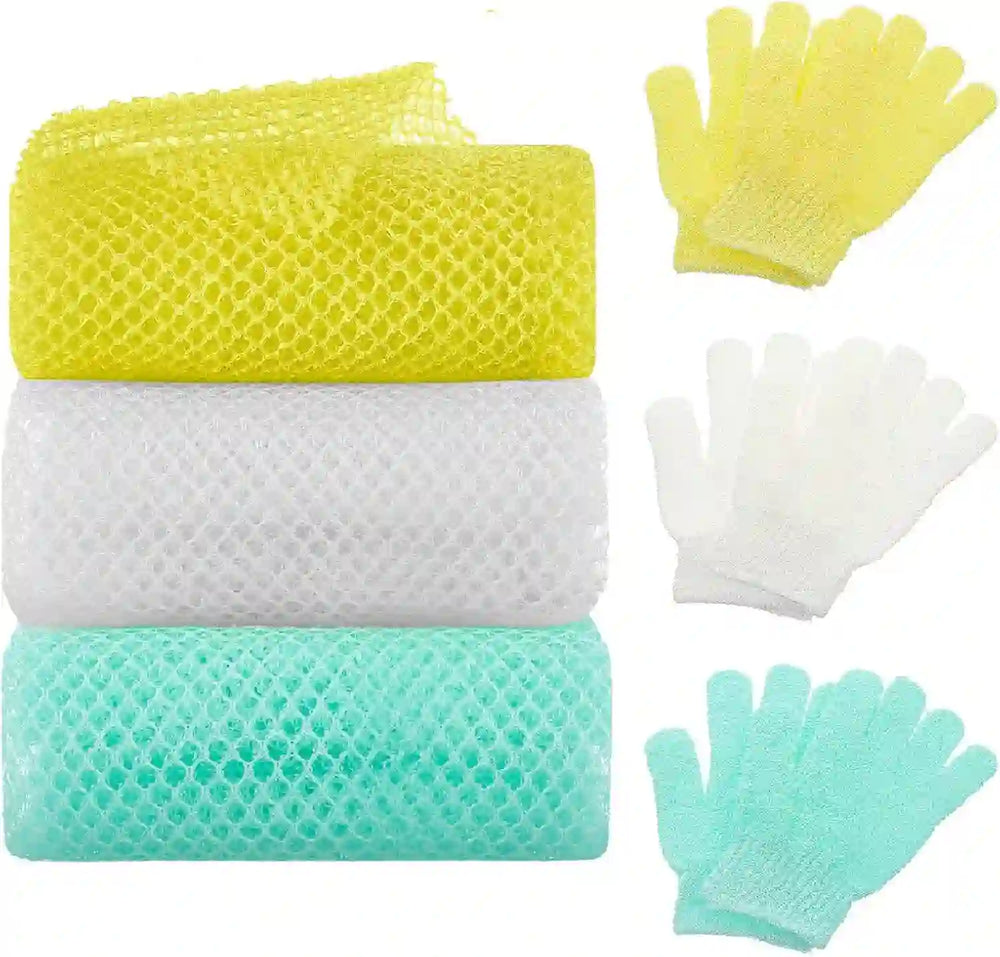 6 Pack African Net Sponge Exfoliating Glove Set, 3 Bath Sponge Body Scrubber Back Scrubber and 3 Pairs Exfoliating Gloves for Shower - Treasure Toks
