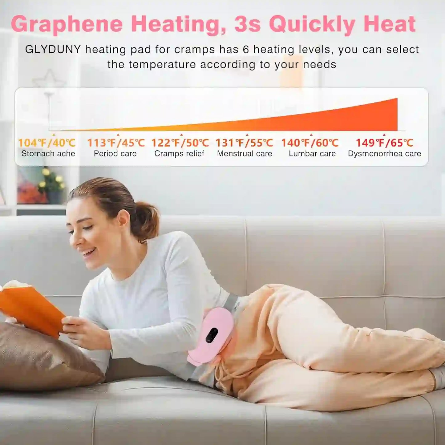 Heating Pads, Glyduny Period Cramp Massager Portable Cordless Heating Pad with 6 Heat Levels and 6 Massage Modes for Back Pain Relief Menstrual Heating Pad (Pink) - Treasure Toks