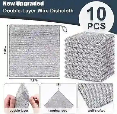 
                      
                        10 Pcs New Upgrade Steel Wire Dishcloth,Double-Layer Steel Wire Cleaning Cloth,Powerful Cleaning Non-Scratch Wire Dishcloth Rag for Cookware, Sinks, Dishes, Stove Tops - Treasure Toks
                      
                    