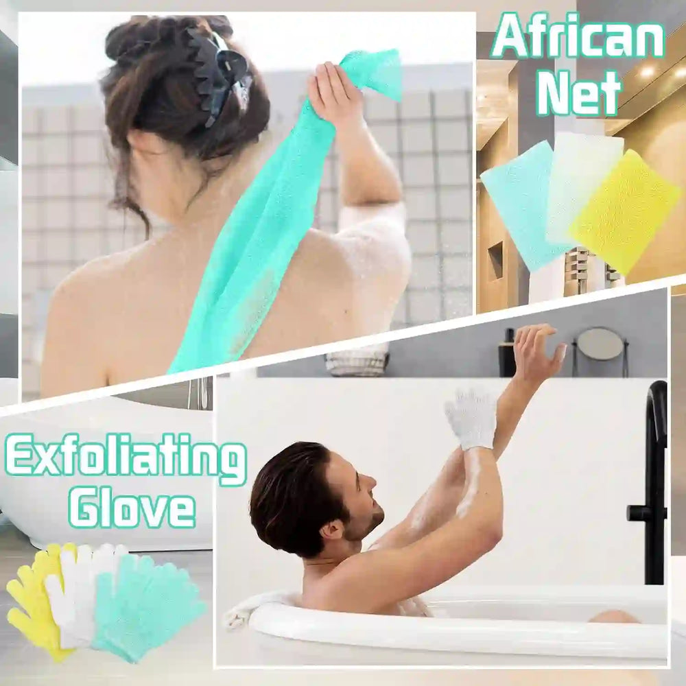 
                      
                        6 Pack African Net Sponge Exfoliating Glove Set, 3 Bath Sponge Body Scrubber Back Scrubber and 3 Pairs Exfoliating Gloves for Shower - Treasure Toks
                      
                    
