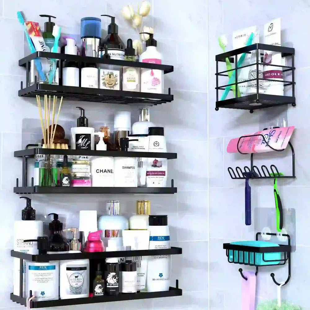
                      
                        6 Pack Shower Caddy Organizer Shelves Rack, Stainless Steel Adhesive Bathroom Organizers and Storage Organization Set Home Kitchen Wall Decor, No Drill & Large Capacity & Heavy Duty, Black - Treasure Toks
                      
                    